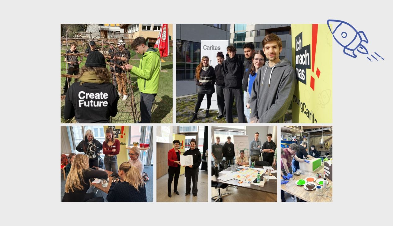 Eine Gruppe junger Menschen, die an verschiedenen Projekten mit Caritas arbeitet, darunter kreatives Gestalten und Teamarbeit.