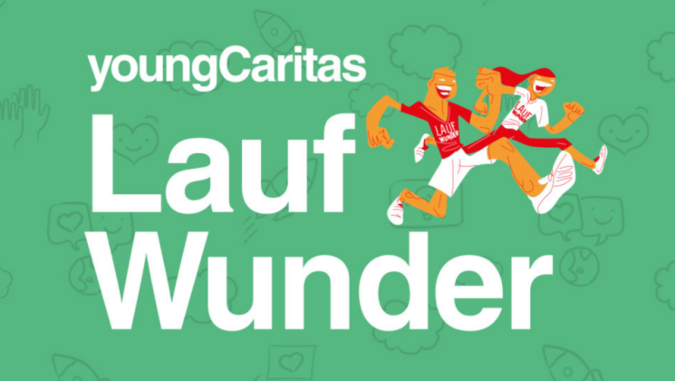 Ein farbenfrohes Bild mit zwei fröhlichen Figuren, die beim Laufen von youngCaritas vertreten werden. Es symbolisiert Freude und Gemeinschaft.