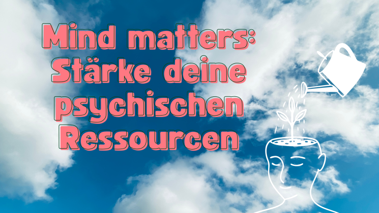Illustration mit einer Figur, aus deren Kopf Pflanzen wachsen, unter einem bewölkten Himmel.