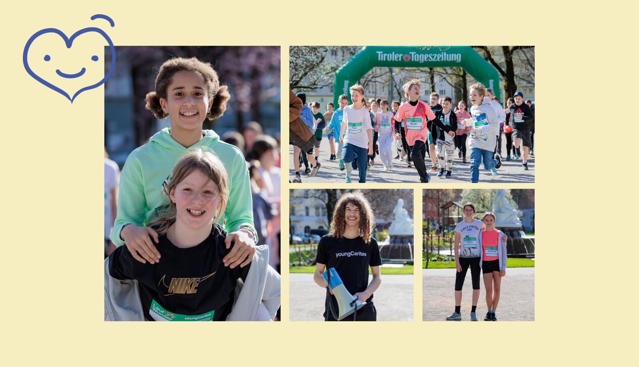 Zwei fröhliche Kinder posieren für ein Foto und weitere Kinder laufen mit Freude bei einem Laufevent im Freien.