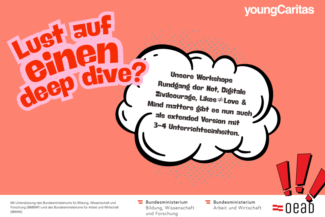 Eine Einladung zu Workshops von youngCaritas, die sich mit digitalen Themen und Zivilcourage beschäftigen, inklusive einer erweiterten Version.