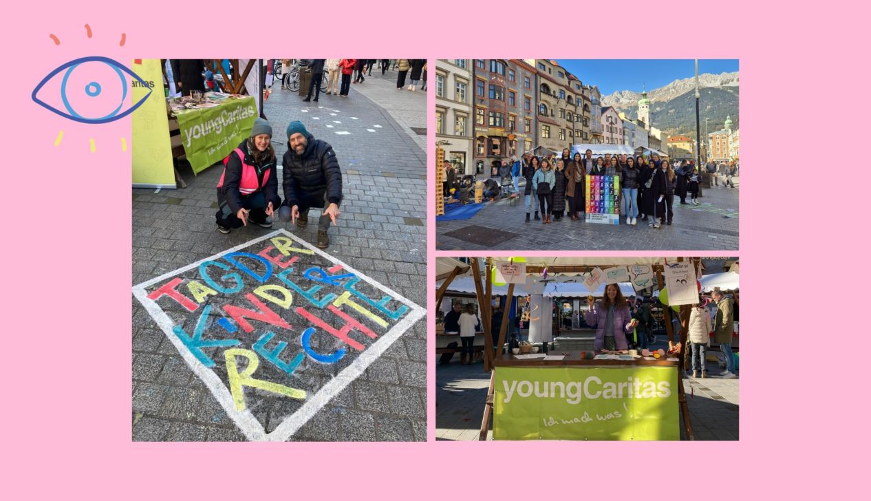 Menschen präsentieren sich beim Event mit bunten Plakaten und Informationen zu Kinderrechten.