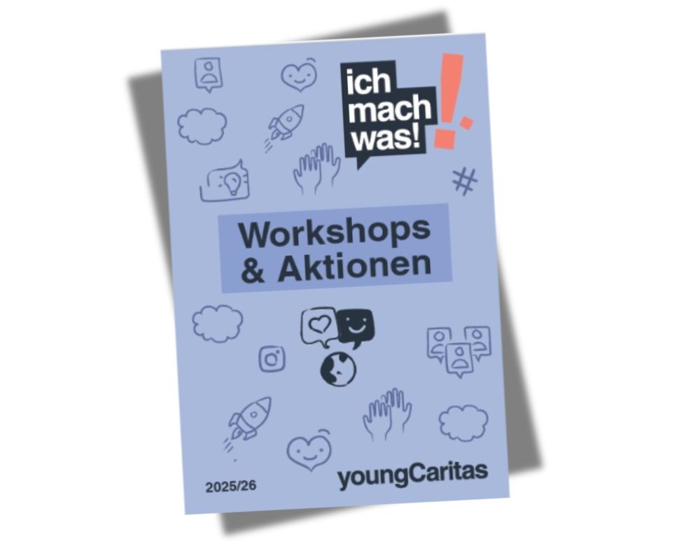 Broschüre mit dem Titel 'ich mach was!' über Workshops und Aktionen von youngCaritas für 2025/26.