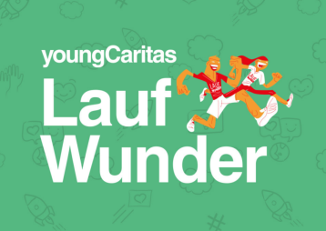 Ein farbenfrohes Bild mit zwei fröhlichen Figuren, die beim Laufen von youngCaritas vertreten werden. Es symbolisiert Freude und Gemeinschaft.