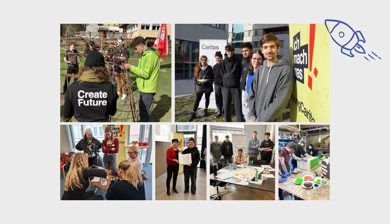 Eine Gruppe junger Menschen, die an verschiedenen Projekten mit Caritas arbeitet, darunter kreatives Gestalten und Teamarbeit.