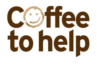 Logo mit der Aufschrift 'Kaffee zur Hilfe' und einem lächelnden Kaffeebecher-Symbol.